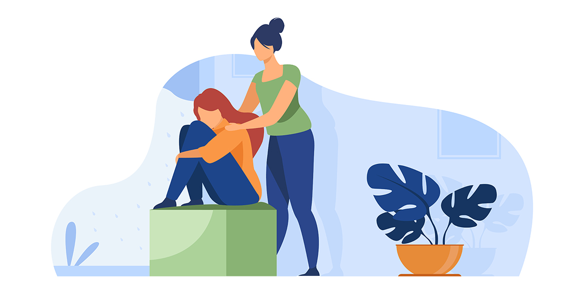 Woman-comforting-depressed-friend-Giving-support-to-upset-mate-flat-vector-illustration
